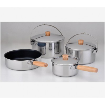 Triply stainless steel camping cookware set with removable wooden handle