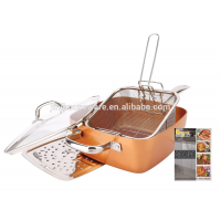 5 Piece Induction Non-Stick Square Copper Frying Pan Set with Lid