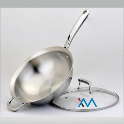 Tri-ply stainless steel induction cooking wok with glass lid